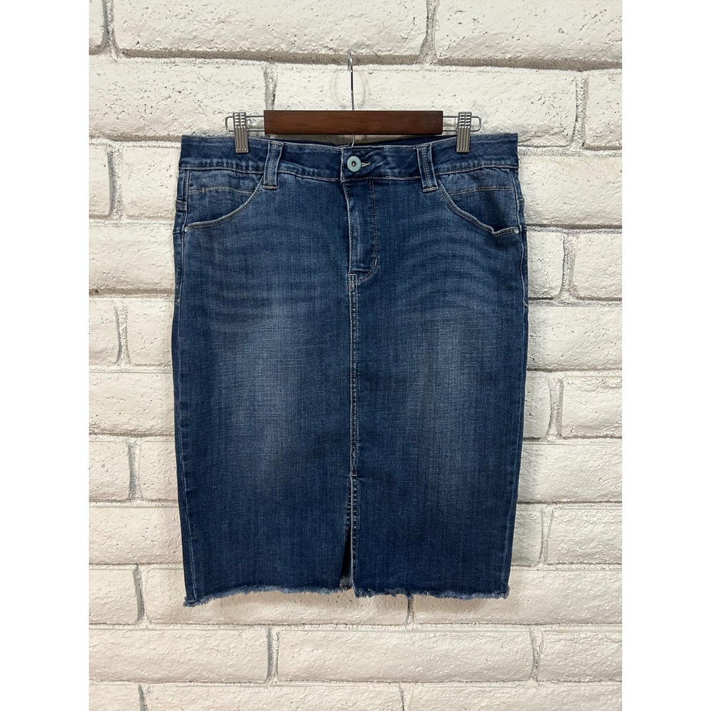 Jag Jeans Denim Pencil Skirt Medium Wash Raw Hem Front Slit Blue Womens 14/32